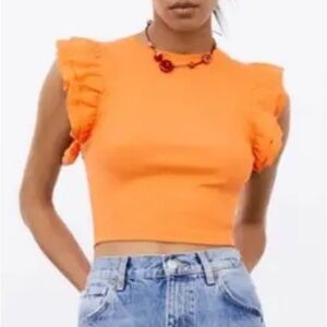 Zara Orange Ruffle Crop Top Shirt Small